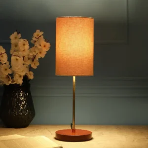 BTR CRAFTS Light Gold Rod & Brown Wooden Base Table Lamp (Cylinder Lampshade)