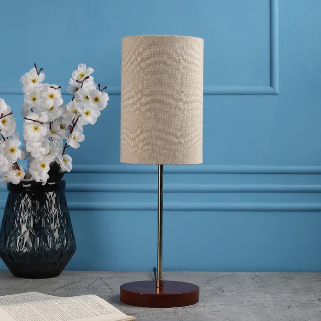 BTR CRAFTS Light Gold Rod & Brown Wooden Base Table Lamp (Cylinder Lampshade) - Image 2