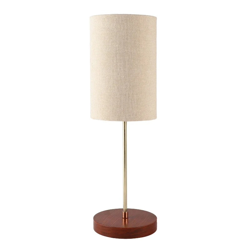 BTR CRAFTS Light Gold Rod & Brown Wooden Base Table Lamp (Cylinder Lampshade) - Image 3