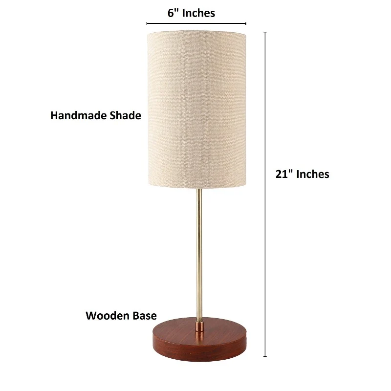 BTR CRAFTS Light Gold Rod & Brown Wooden Base Table Lamp (Cylinder Lampshade) - Image 4