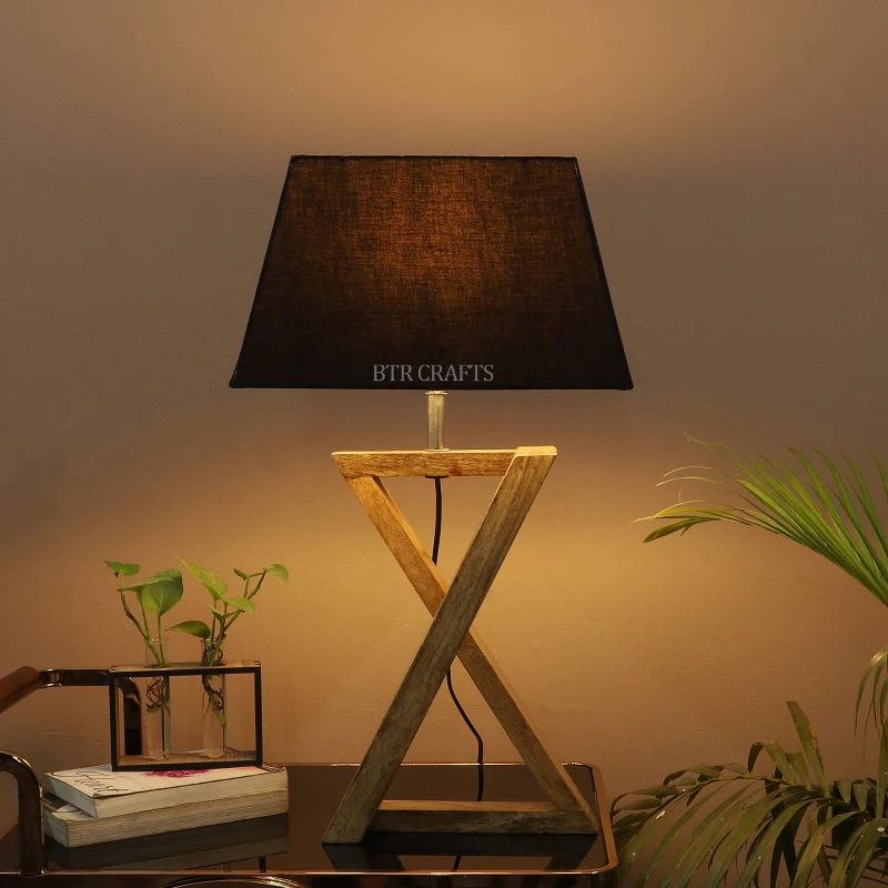 BTR CRAFTS Natural Wooden Cross Table Lamp With Fabric Shade - Image 2