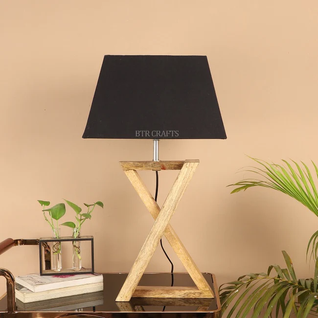 BTR CRAFTS Natural Wooden Cross Table Lamp With Fabric Shade