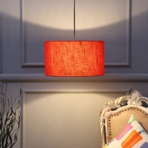 14 Inches Pendant/Hanging Ceiling Light Fixture, Red Texture Drum Shade, for Bedroom, Kitchen, Living Room, Dining Table, Lobby, Kitchen, Silver Canopy