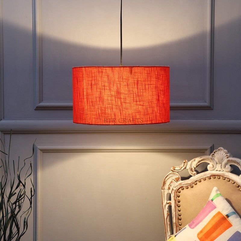 14 Inches Pendant/Hanging Ceiling Light Fixture, Red Texture Drum Shade, for Bedroom, Kitchen, Living Room, Dining Table, Lobby, Kitchen, Silver Canopy
