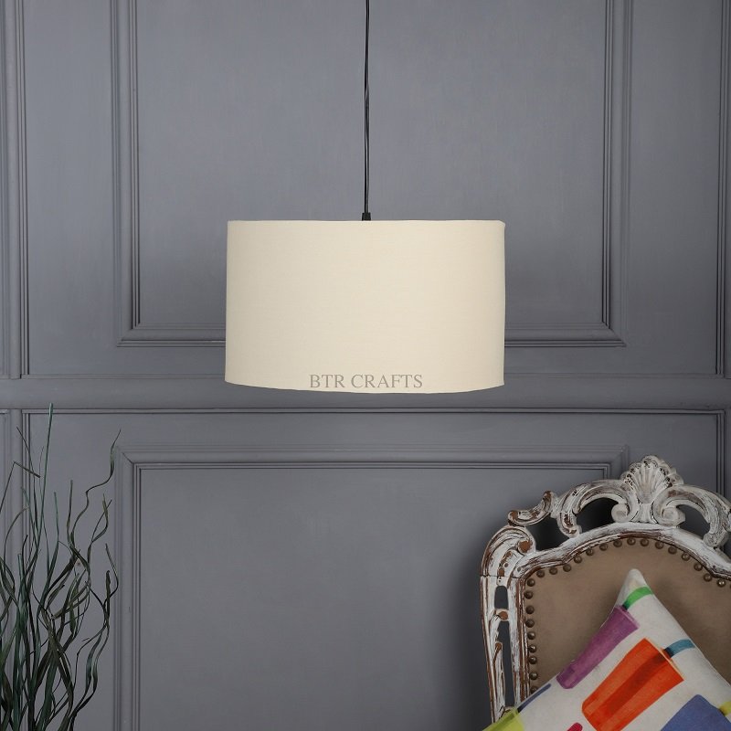 14 Inches Pendant/Hanging Ceiling Light Fixture, Cream Drum Shade for Bedroom, Kitchen, Living Room, Dining Table, Lobby, Kitchen, Black Canopy - Image 2