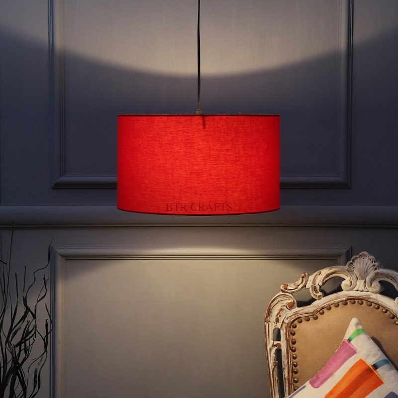 14 Inches Pendant/Hanging Ceiling Light Fixture, Red Drum Shade, for Bedroom, Kitchen, Living Room, Dining Table, Lobby, Kitchen, Silver Canopy