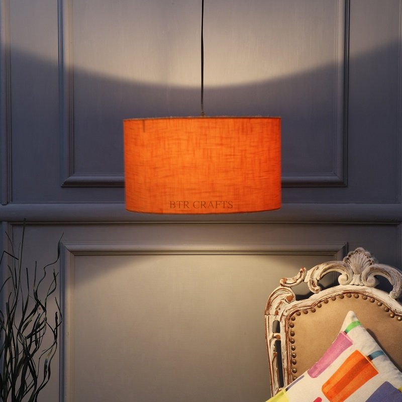 14 Inches Pendant/Hanging Ceiling Light Fixture, Orange Texture Drum Shade for Bedroom, Kitchen, Living Room, Dining Table, Lobby, Kitchen, Black Canopy