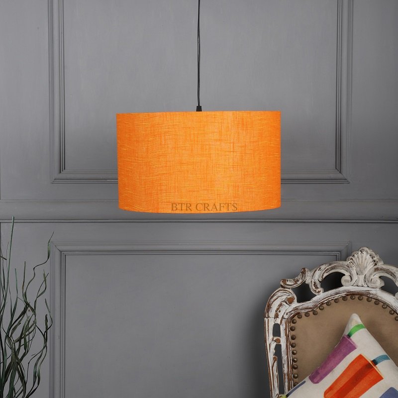 14 Inches Pendant/Hanging Ceiling Light Fixture, Orange Texture Drum Shade for Bedroom, Kitchen, Living Room, Dining Table, Lobby, Kitchen, Black Canopy - Image 2
