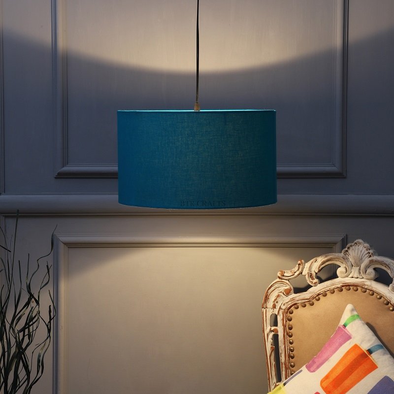 14 Inches Pendant/Hanging Ceiling Light Fixture, Teal Drum Shade, for Bedroom, Kitchen, Living Room, Dining Table, Lobby, Kitchen, Silver Canopy