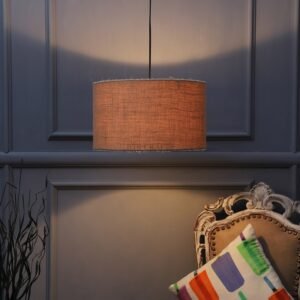 14 Inches Pendant/Hanging Ceiling Light Fixture, Natural Jute Drum Shade, for Bedroom, Kitchen, Living Room, Dining Table, Lobby, Kitchen, Silver Canopy