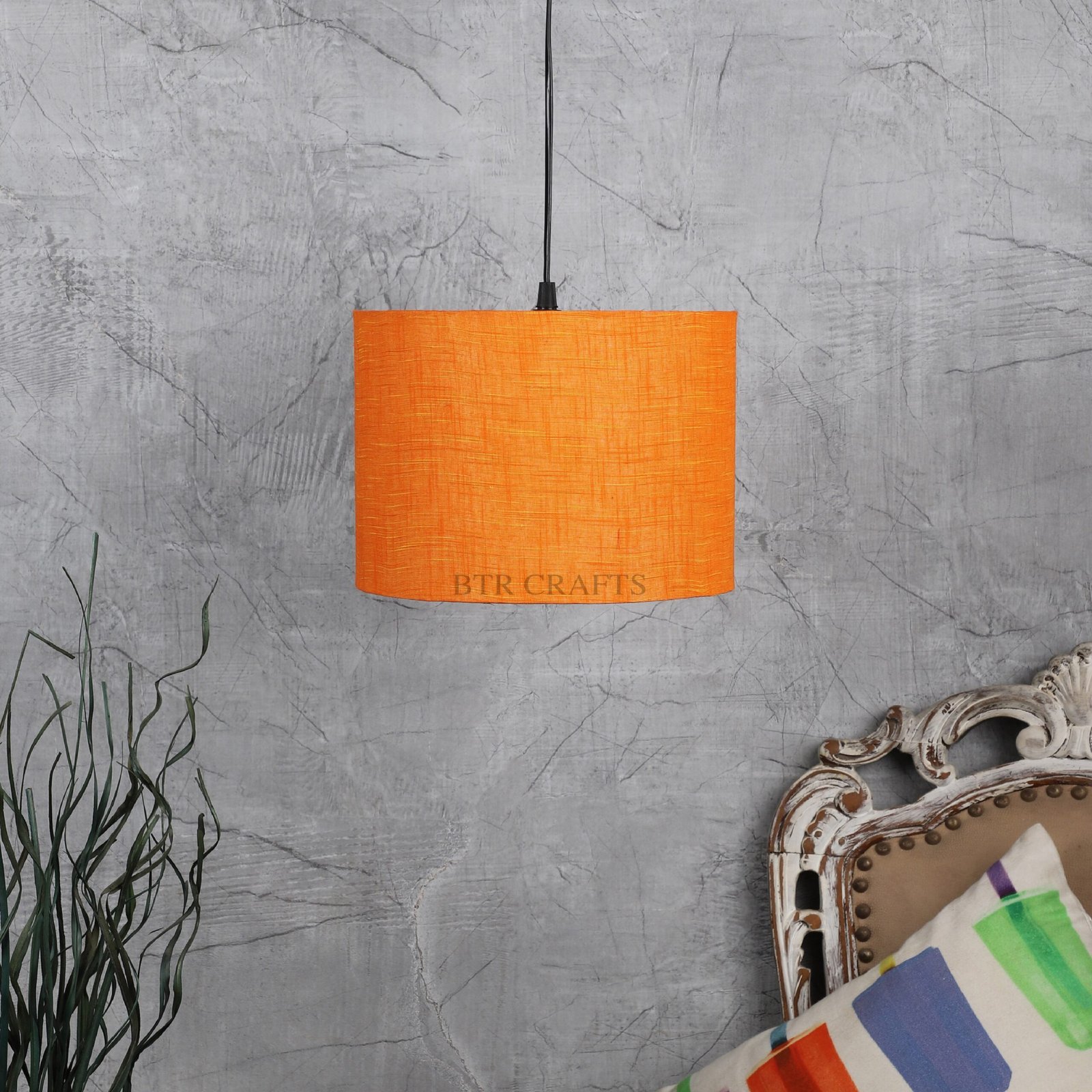 12 Inches Pendant/Hanging Ceiling Light Fixture, Orange Texture Drum Shade for Bedroom, Kitchen, Living Room, Dining Table, Lobby, Kitchen, Black Canopy - Image 2