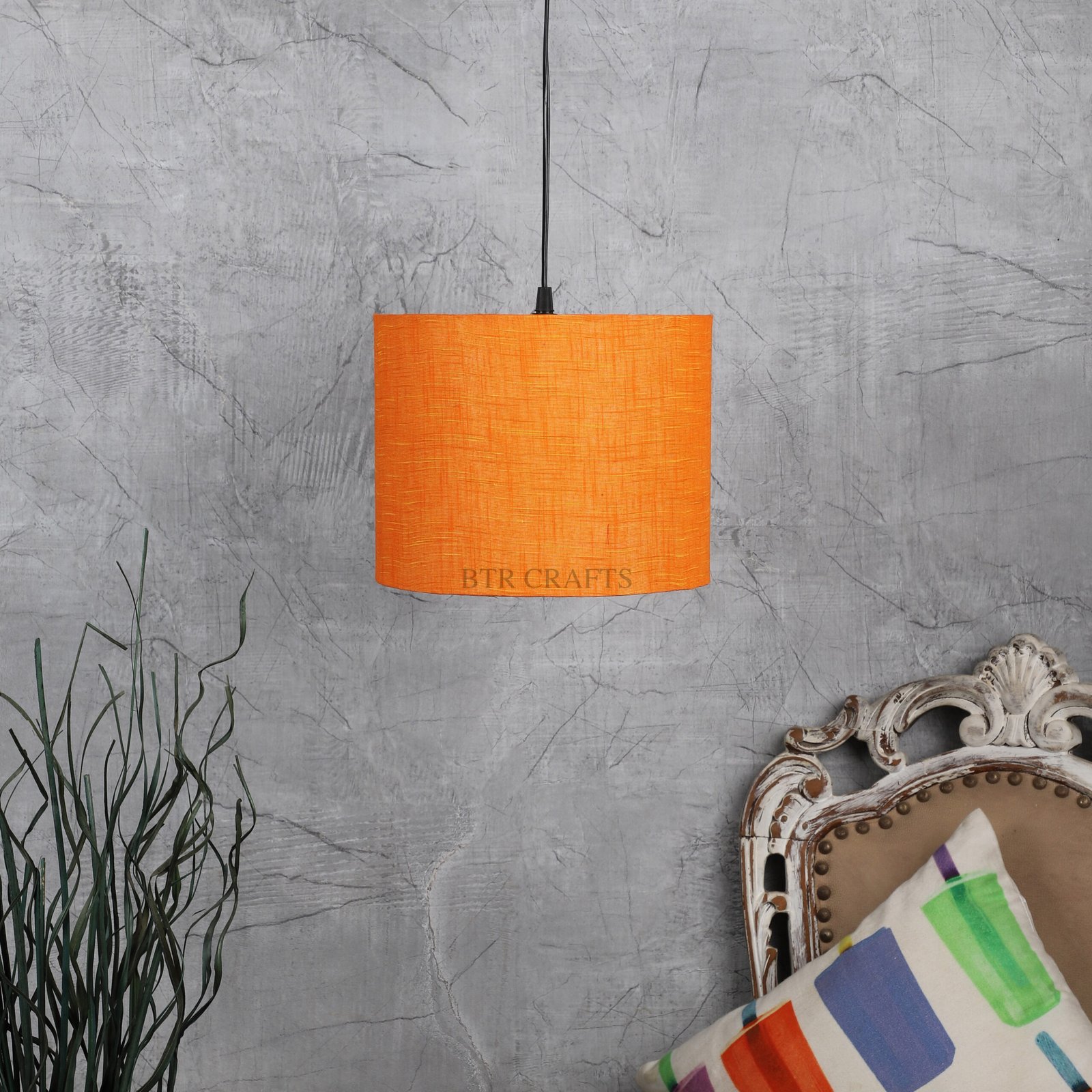 10 Inches Pendant/Hanging Ceiling Light Fixture, Orange Texture Drum Shade for Bedroom, Kitchen, Living Room, Dining Table, Lobby, Kitchen, Black Canopy - Image 2
