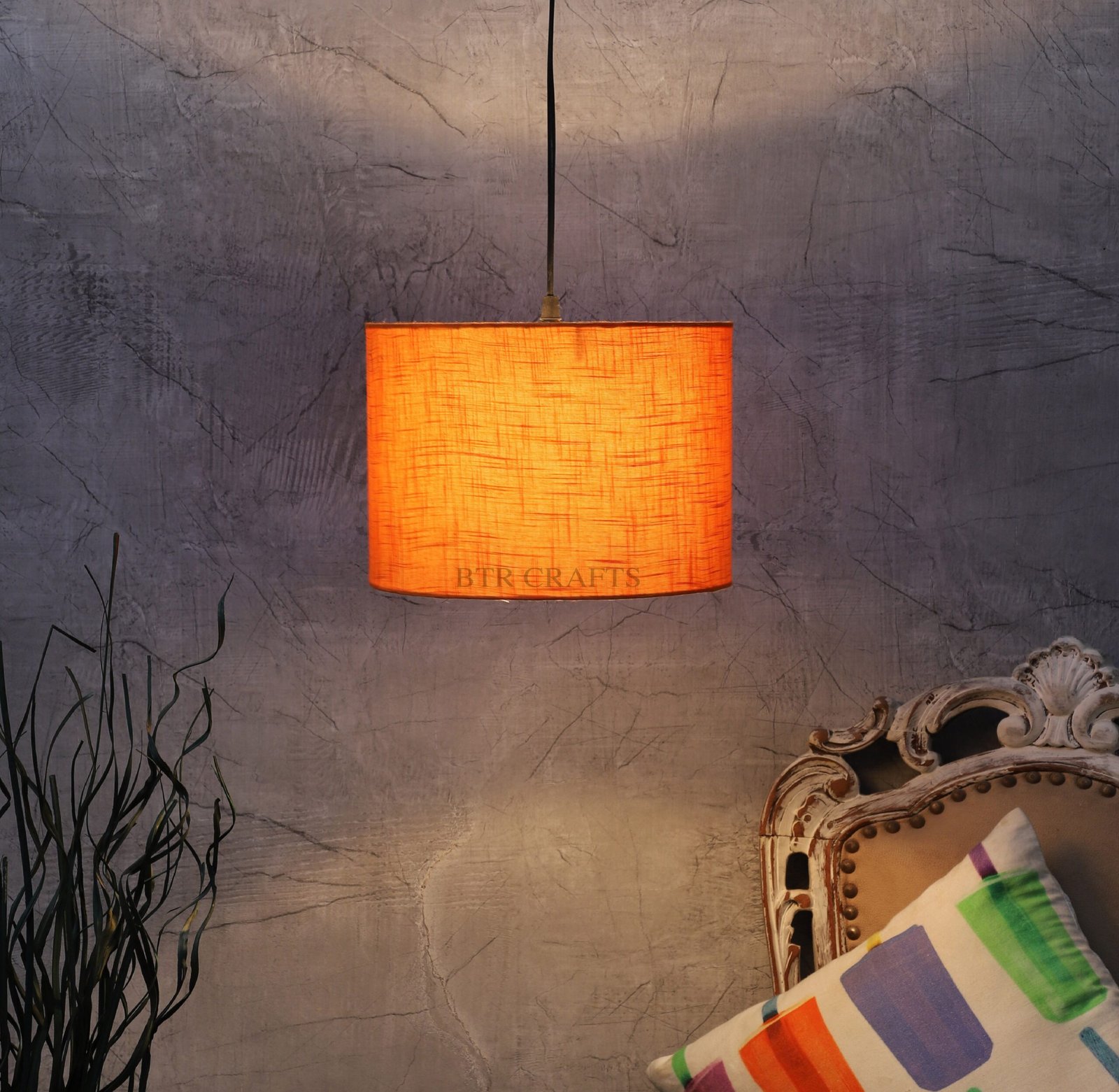 12 Inches Pendant/Hanging Ceiling Light Fixture, Orange Texture Drum Shade for Bedroom, Kitchen, Living Room, Dining Table, Lobby, Kitchen, Black Canopy