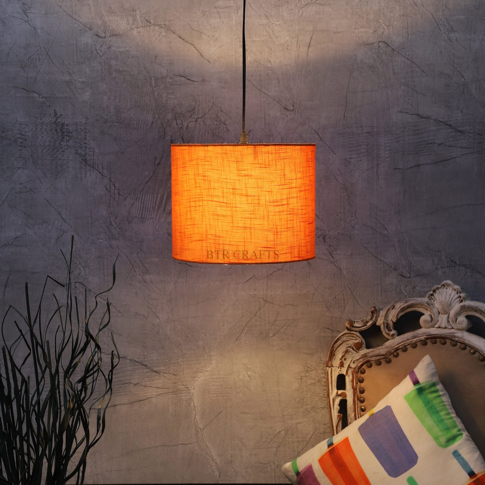 10 Inches Pendant/Hanging Ceiling Light Fixture, Orange Texture Drum Shade for Bedroom, Kitchen, Living Room, Dining Table, Lobby, Kitchen, Black Canopy