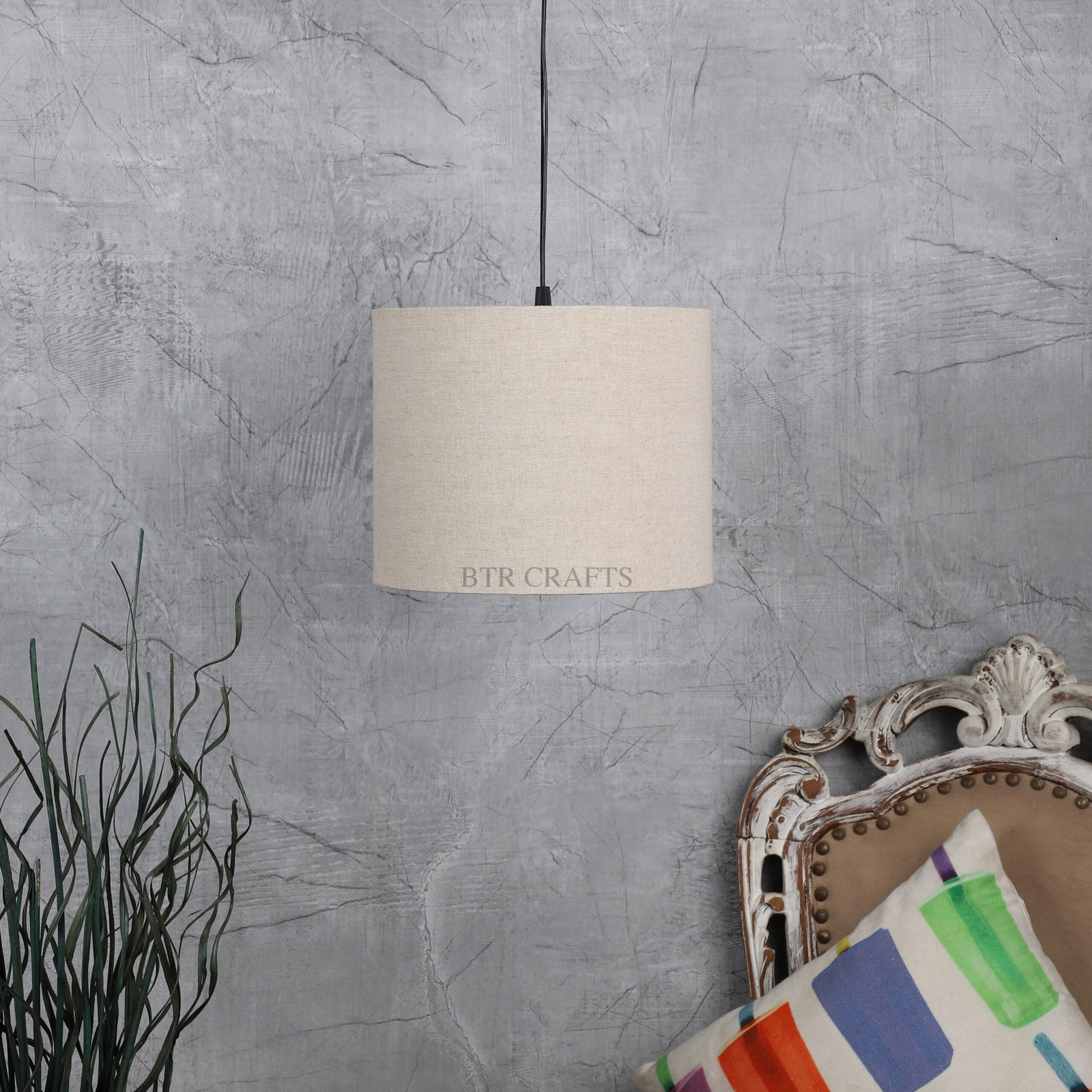 10 Inches Pendant/Hanging Ceiling Light Fixture, Beige Drum Shade, for Bedroom, Kitchen, Living Room, Dining Table, Lobby, Kitchen, Black Canopy - Image 2