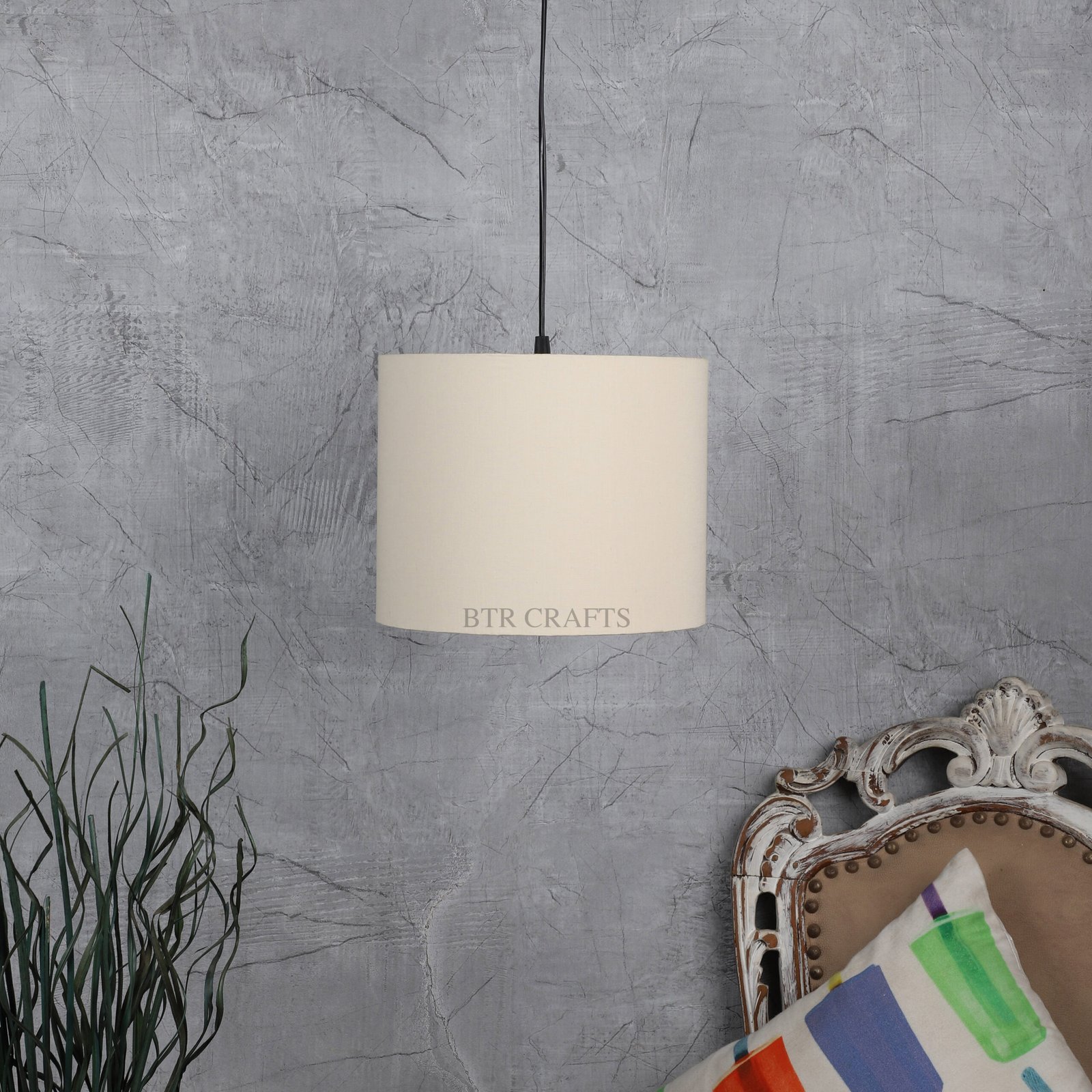 10 Inches Pendant/Hanging Ceiling Light Fixture, Cream Drum Shade for Bedroom, Kitchen, Living Room, Dining Table, Lobby, Kitchen, Black Canopy - Image 2
