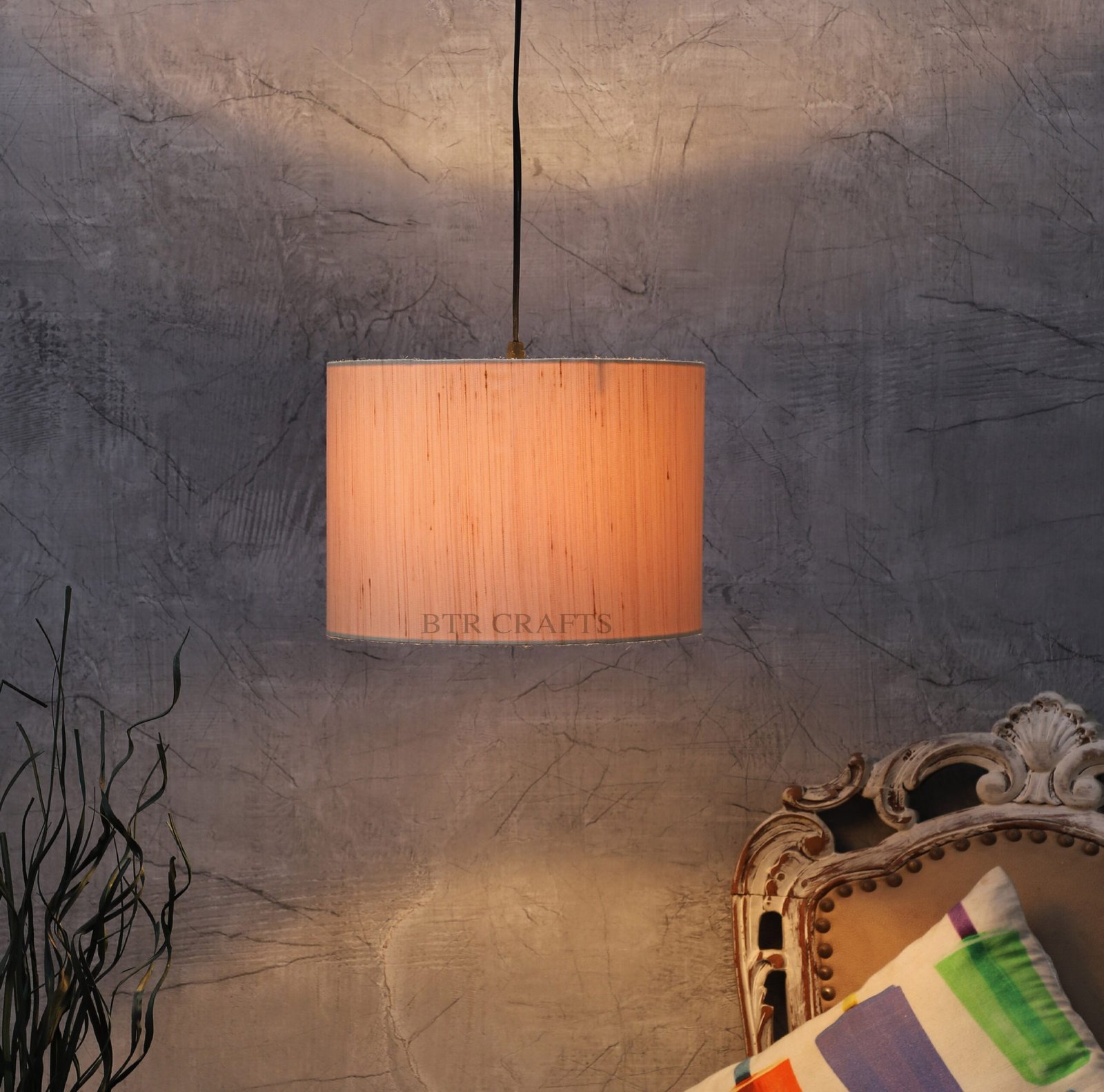 12 Inches Pendant/Hanging Ceiling Light Fixture, Cream Texture Drum Shade for Bedroom, Kitchen, Living Room, Dining Table, Lobby, Kitchen, Black Canopy