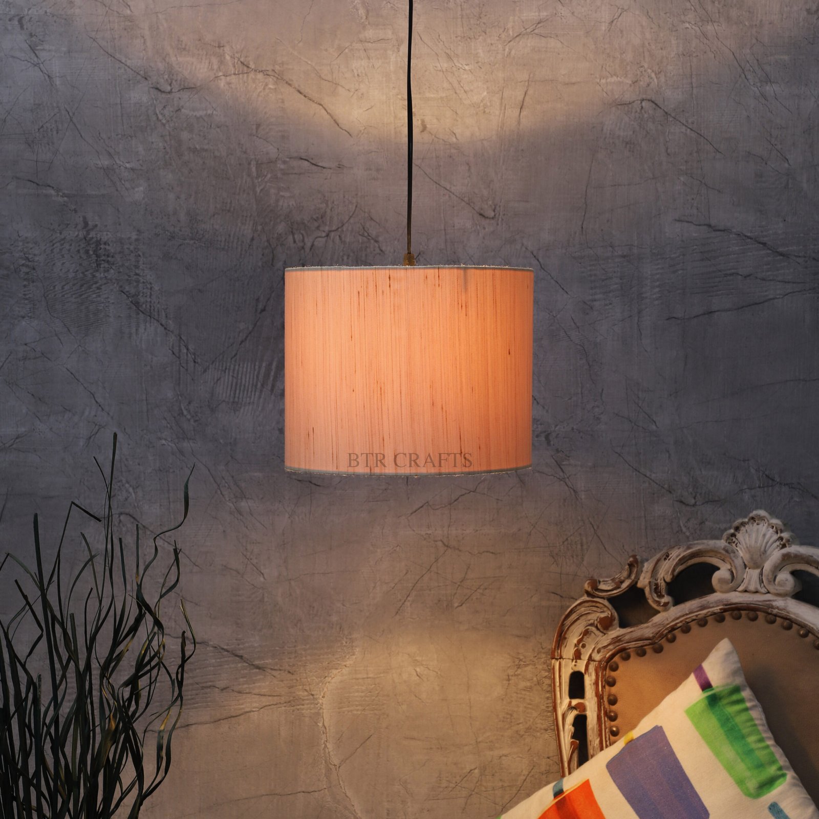 10 Inches Pendant/Hanging Ceiling Light Fixture, Cream Texture Drum Shade for Bedroom, Kitchen, Living Room, Dining Table, Lobby, Kitchen, Black Canopy