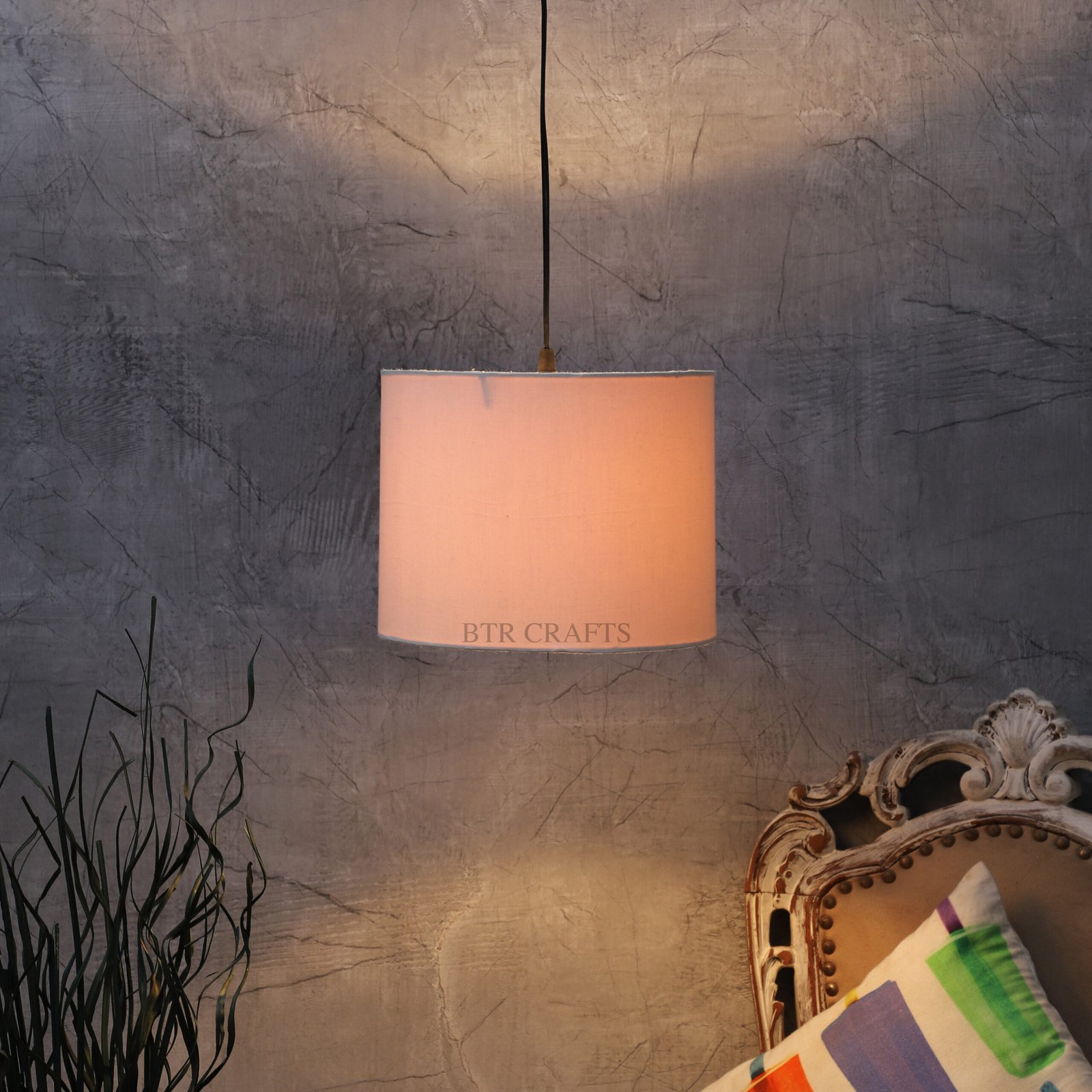 10 Inches Pendant/Hanging Ceiling Light Fixture, White Drum Shade, for Bedroom, Kitchen, Living Room, Dining Table, Lobby, Kitchen, Silver Canopy