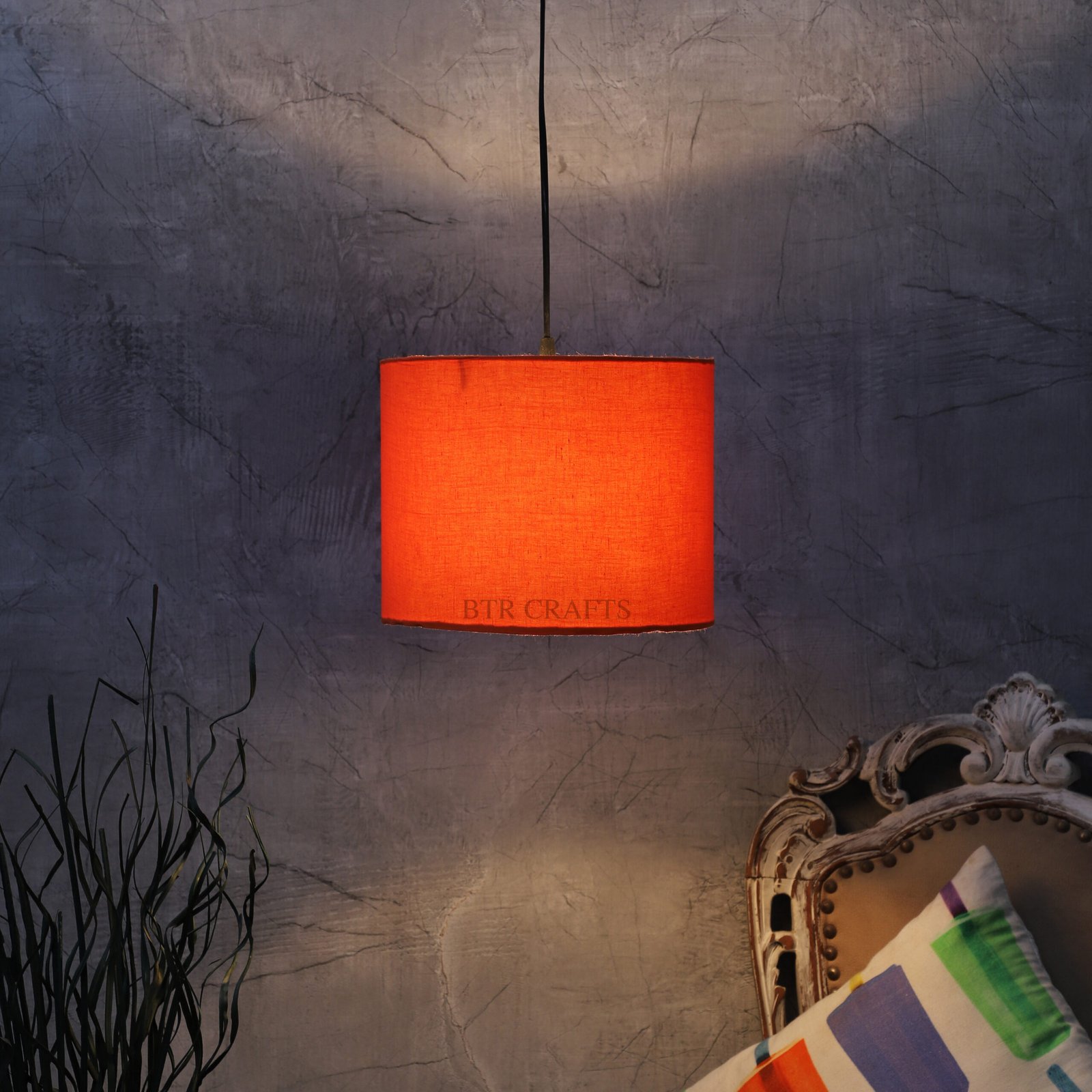 10 Inches Pendant/Hanging Ceiling Light Fixture, Orange Drum Shade, for Bedroom, Kitchen, Living Room, Dining Table, Lobby, Kitchen, Silver Canopy