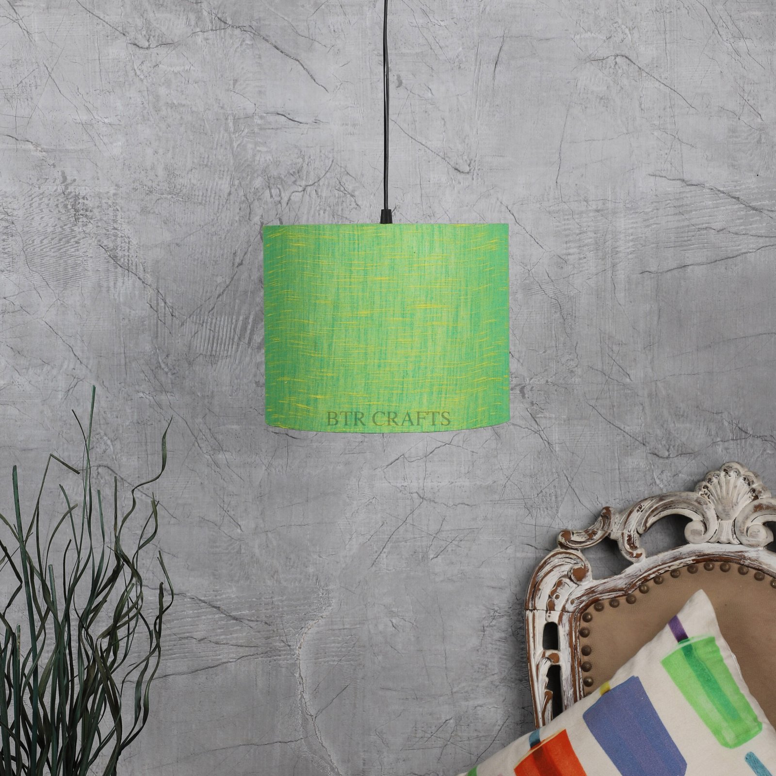 10 Inches Pendant/Hanging Ceiling Light Fixture, Green Texture Drum Shade for Bedroom, Kitchen, Living Room, Dining Table, Lobby, Kitchen, Black Canopy - Image 2