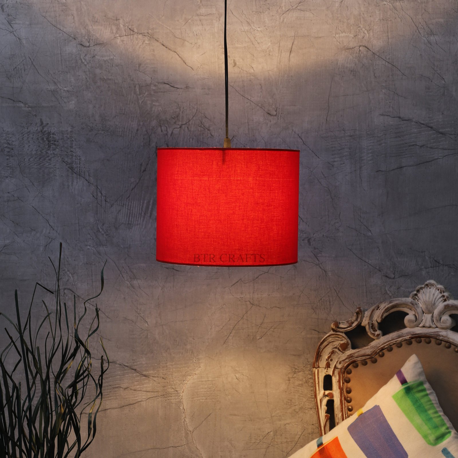 10 Inches Pendant/Hanging Ceiling Light Fixture, Red Drum Shade, for Bedroom, Kitchen, Living Room, Dining Table, Lobby, Kitchen, Silver Canopy