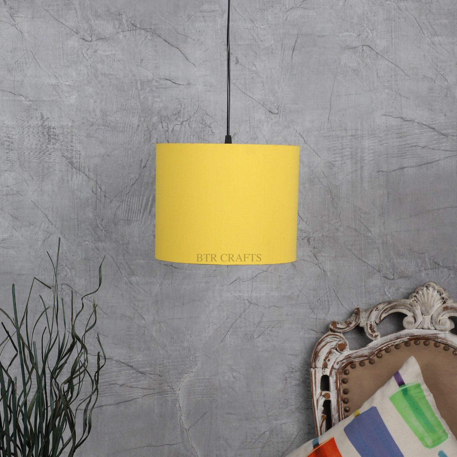 10 Inches Pendant/Hanging Ceiling Light Fixture, Dark Yellow Drum Shade for Bedroom, Kitchen, Living Room, Dining Table, Lobby, Kitchen, Black Canopy - Image 2