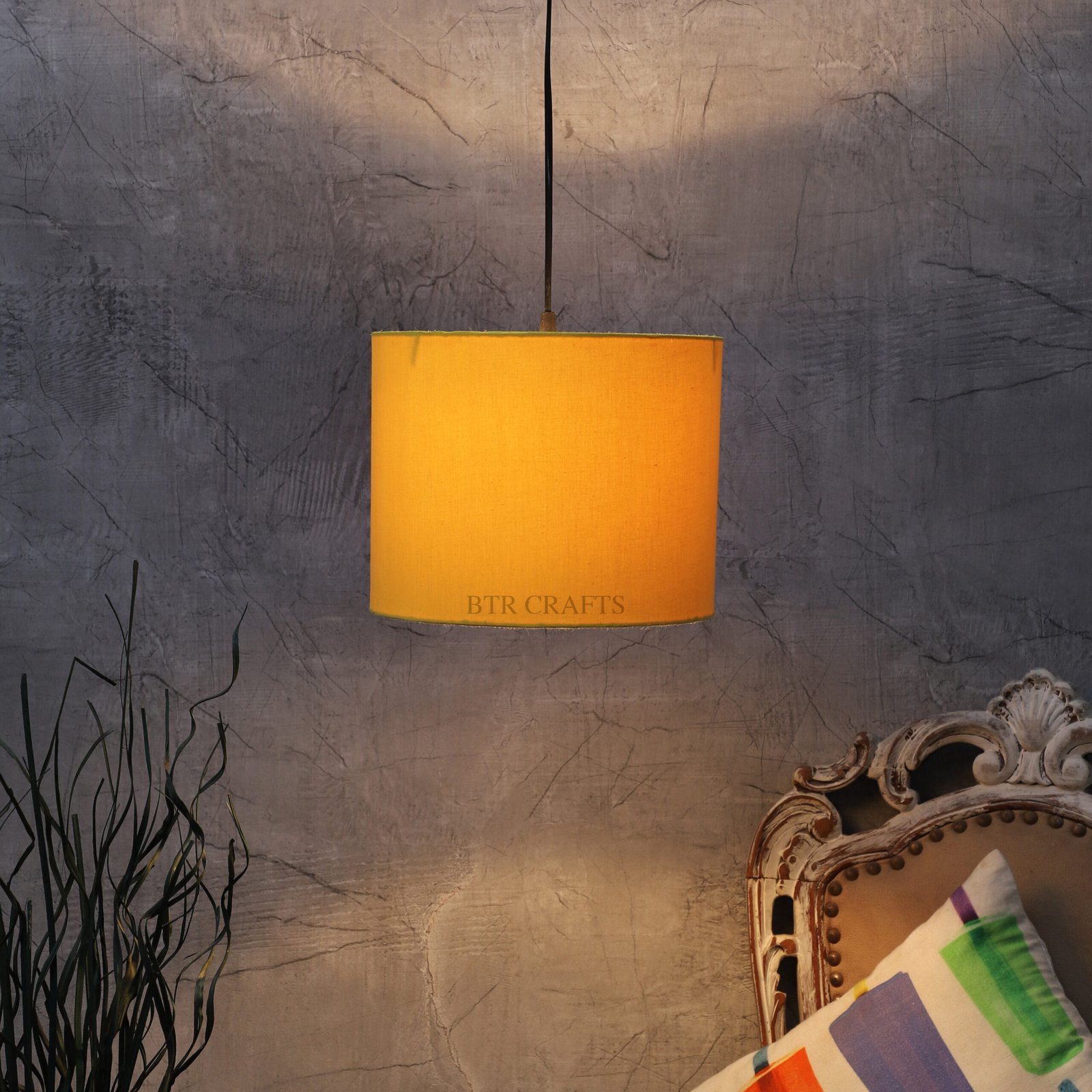 10 Inches Pendant/Hanging Ceiling Light Fixture, Dark Yellow Drum Shade for Bedroom, Kitchen, Living Room, Dining Table, Lobby, Kitchen, Black Canopy