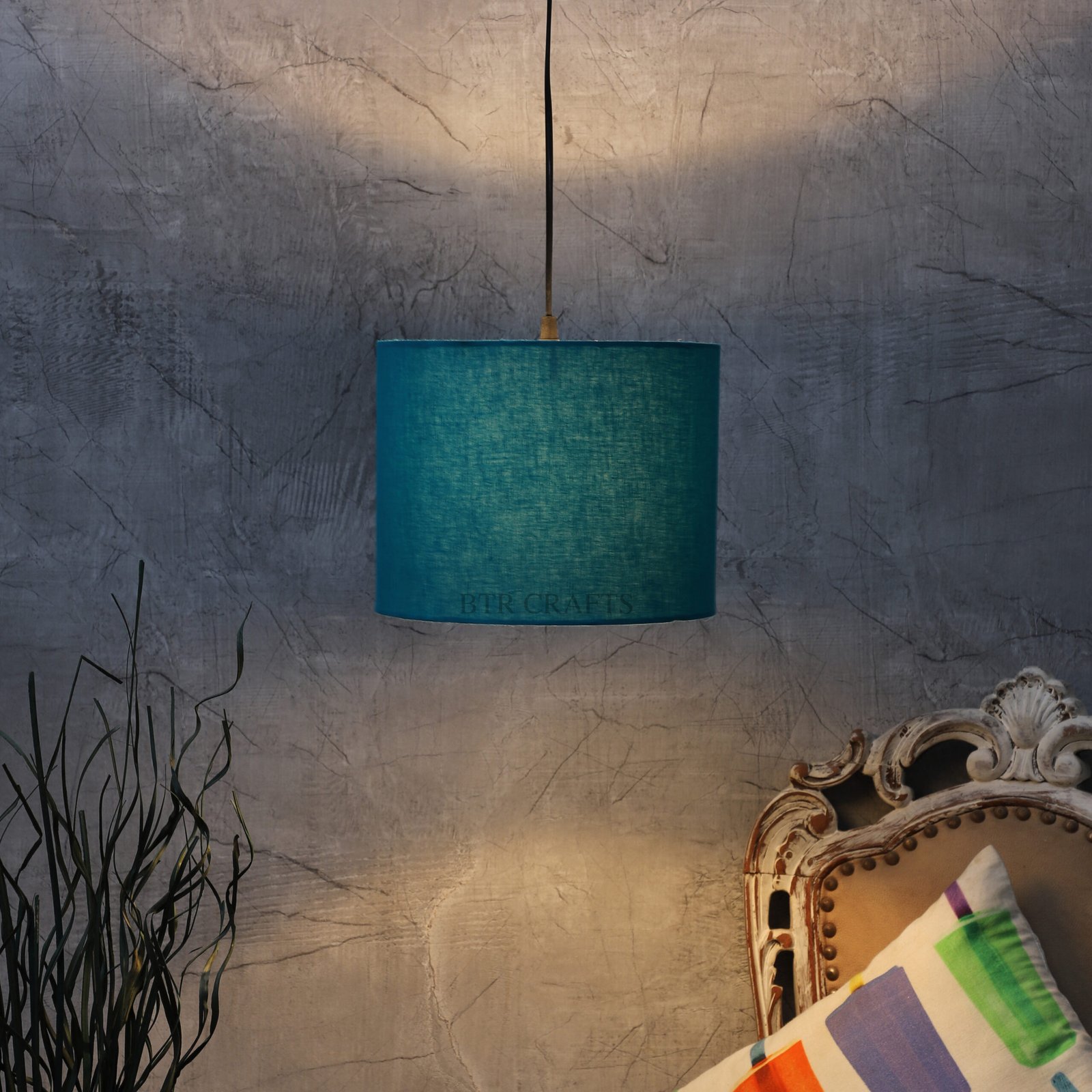 10 Inches Pendant/Hanging Ceiling Light Fixture, Teal Drum Shade for Bedroom, Kitchen, Living Room, Dining Table, Lobby, Kitchen, Black Canopy
