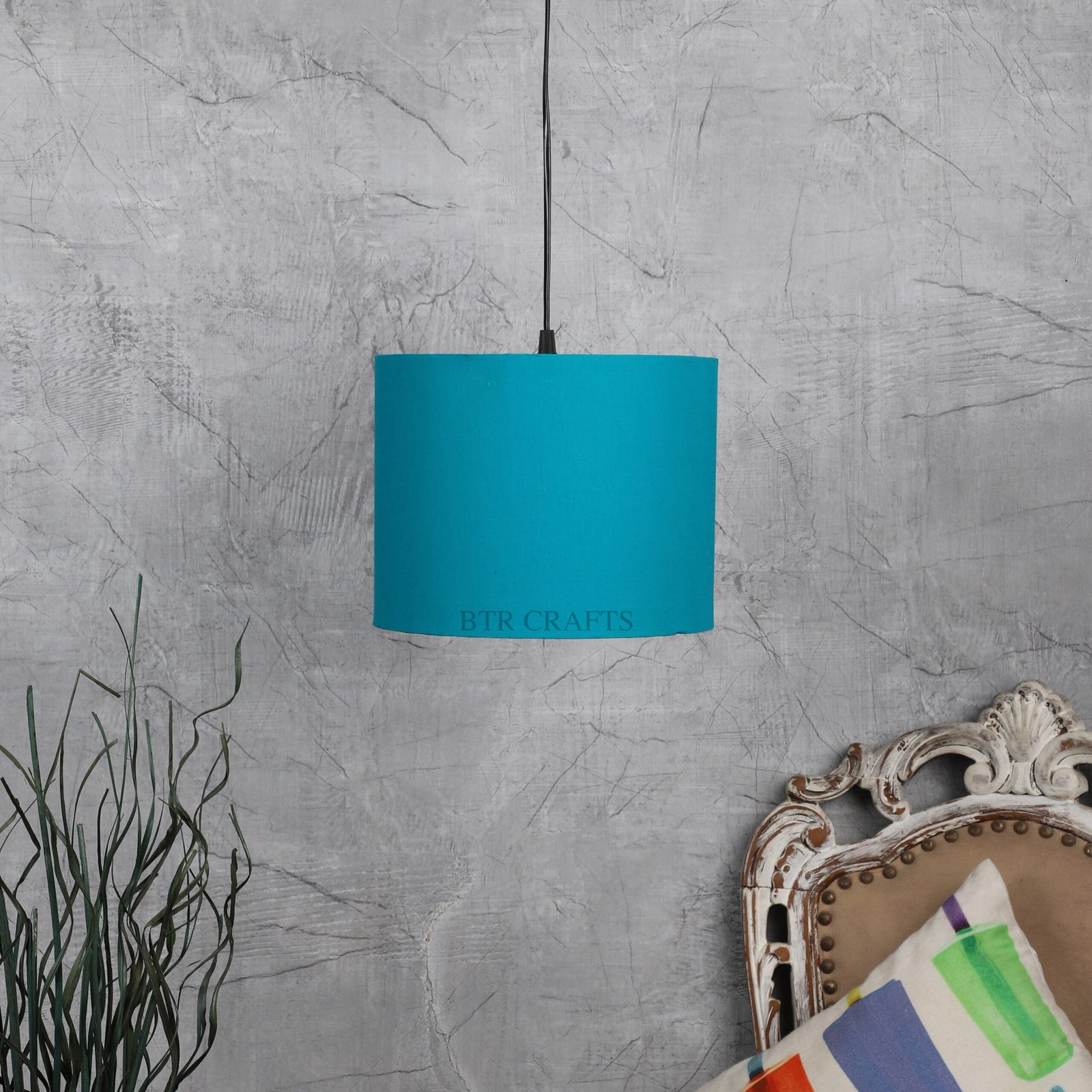 10 Inches Pendant/Hanging Ceiling Light Fixture, Teal Drum Shade for Bedroom, Kitchen, Living Room, Dining Table, Lobby, Kitchen, Black Canopy - Image 2