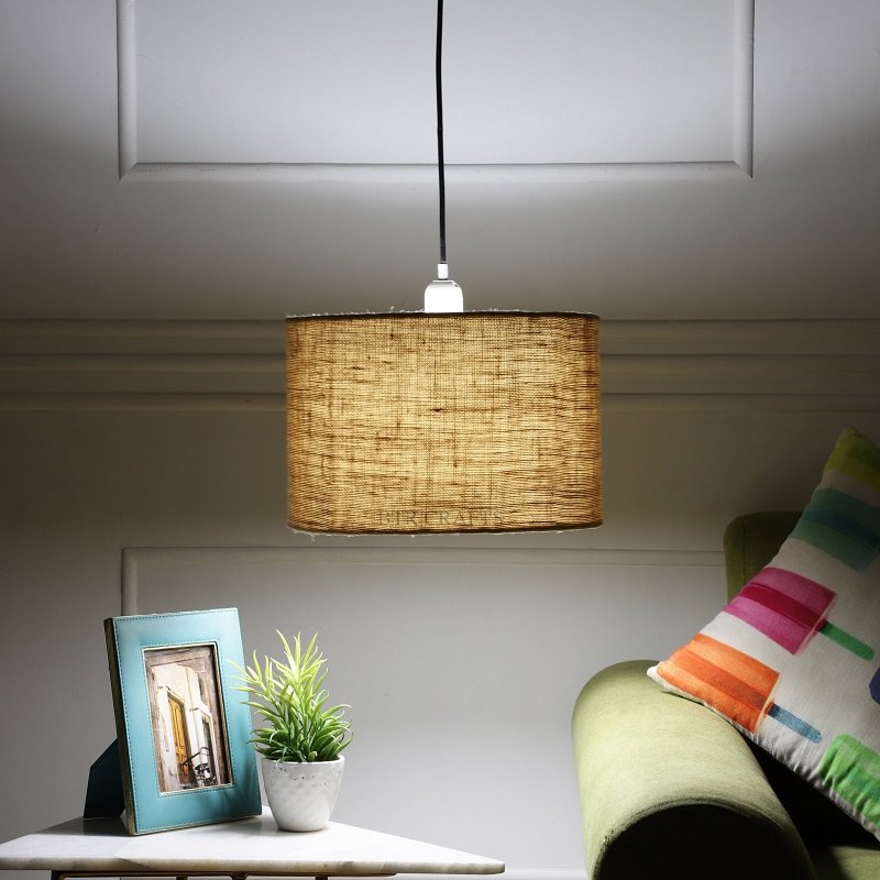 12 Inches Pendant/Hanging Ceiling Light Fixture, Natural Jute Drum Shade for Bedroom, Kitchen, Living Room, Dining Table, Lobby, Kitchen, Black Canopy