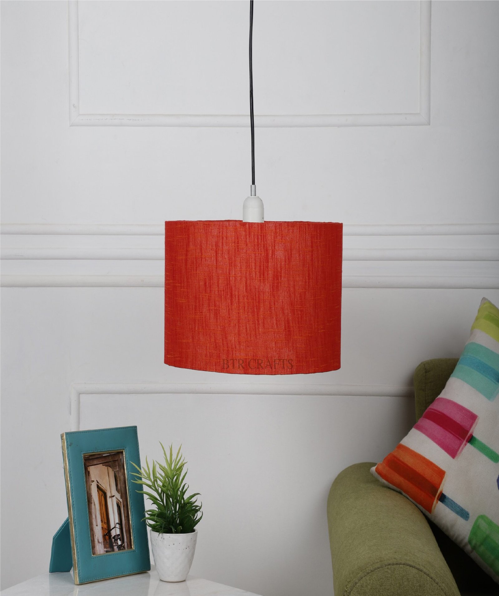 10 Inches Pendant/Hanging Ceiling Light Fixture, Red Texture Drum Shade for Bedroom, Kitchen, Living Room, Dining Table, Lobby, Kitchen, Black Canopy - Image 2