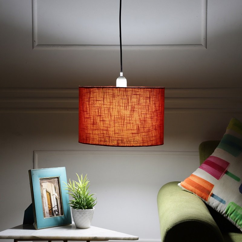 12 Inches Pendant/Hanging Ceiling Light Fixture, Red Texture Drum Shade for Bedroom, Kitchen, Living Room, Dining Table, Lobby, Kitchen, Black Canopy