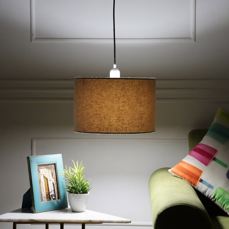 12 Inches Pendant/Hanging Ceiling Light Fixture, Beige Drum Shade for Bedroom, Kitchen, Living Room, Dining Table, Lobby, Kitchen, Black Canopy