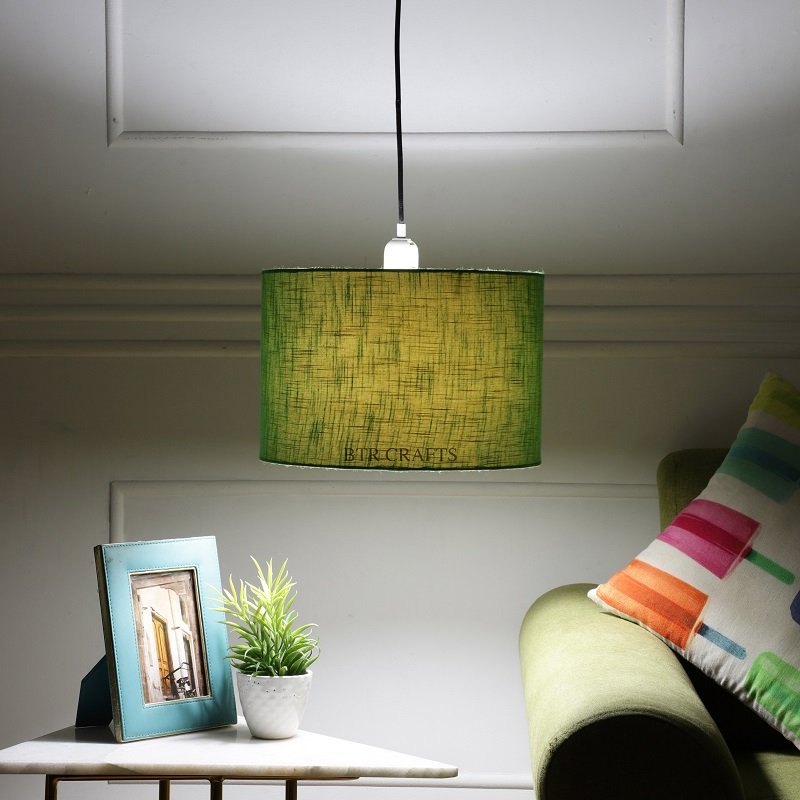 12 Inches Pendant/Hanging Ceiling Light Fixture, Green Texture Drum Shade, for Bedroom, Kitchen, Living Room, Dining Table, Lobby, Kitchen, Silver Canopy