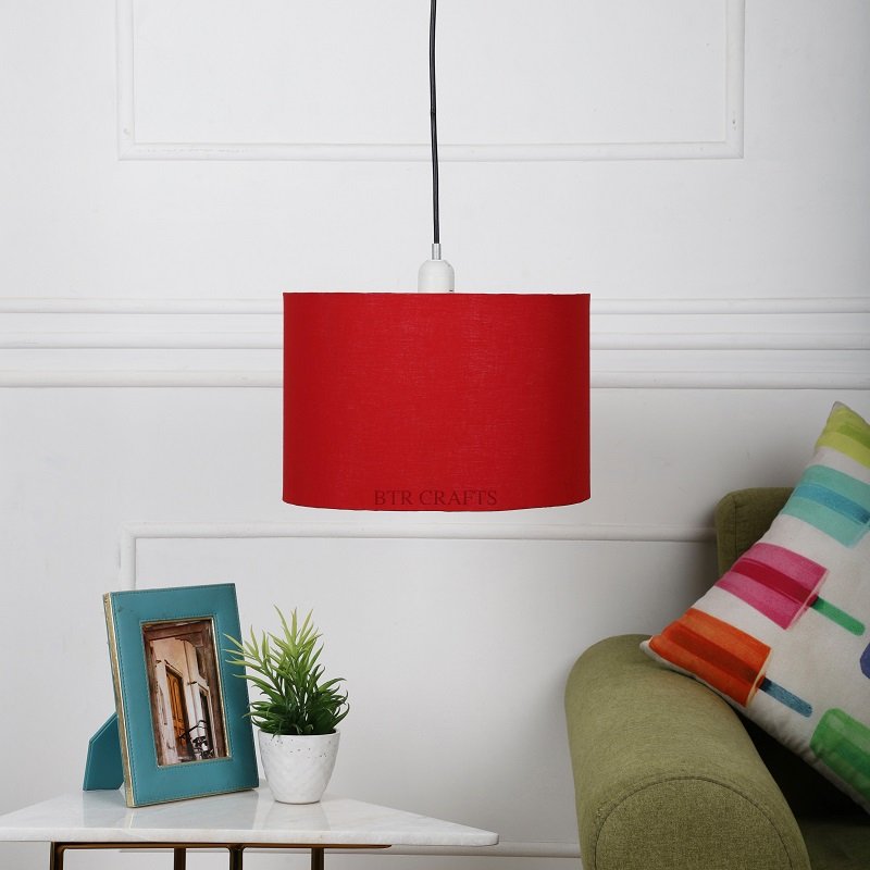 12 Inches Pendant/Hanging Ceiling Light Fixture, Red Drum Shade, for Bedroom, Kitchen, Living Room, Dining Table, Lobby, Kitchen, Silver Canopy