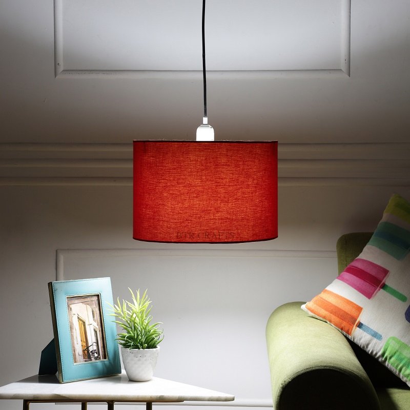 12 Inches Pendant/Hanging Ceiling Light Fixture, Red Drum Shade for Bedroom, Kitchen, Living Room, Dining Table, Lobby, Kitchen, Black Canopy