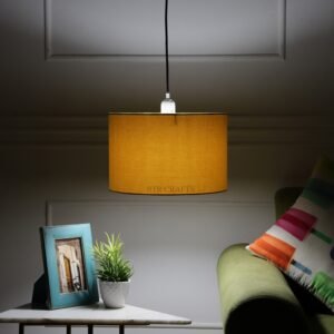12 Inches Pendant/Hanging Ceiling Light Fixture, Dark Yellow Drum Shade, for Bedroom, Kitchen, Living Room, Dining Table, Lobby, Kitchen, Silver Canopy