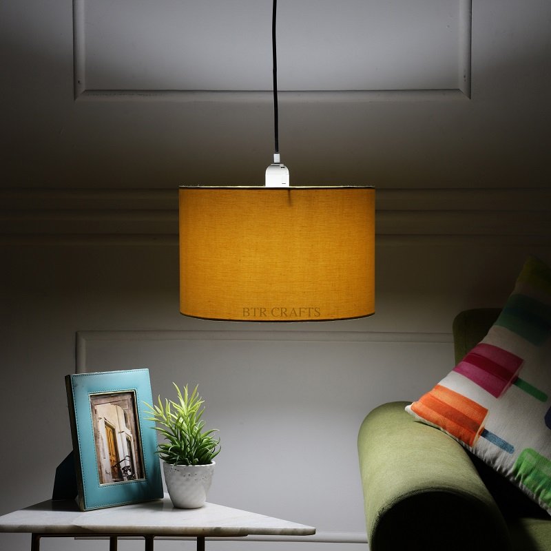 12 Inches Pendant/Hanging Ceiling Light Fixture, Dark Yellow Drum Shade, for Bedroom, Kitchen, Living Room, Dining Table, Lobby, Kitchen, Silver Canopy