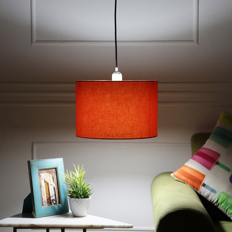 12 Inches Pendant/Hanging Ceiling Light Fixture, Orange Drum Shade, for Bedroom, Kitchen, Living Room, Dining Table, Lobby, Kitchen, Silver Canopy