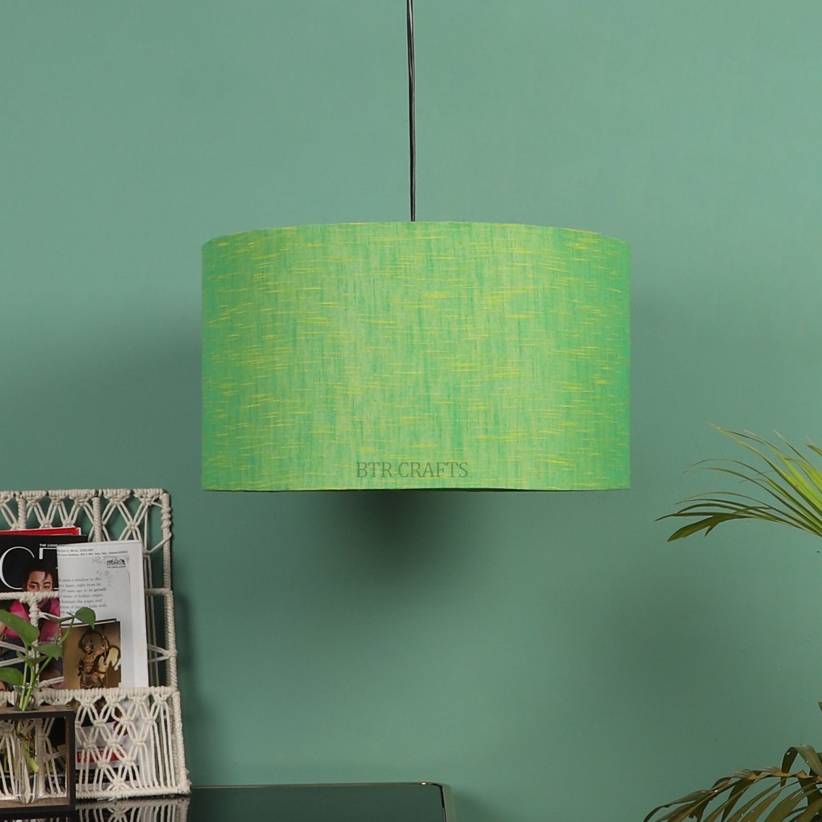 20 Inches Pendant/Hanging Ceiling Light Fixture, Green Texture Drum Shade for Bedroom, Kitchen, Living Room, Dining Table, Lobby, Kitchen, Black Canopy - Image 3