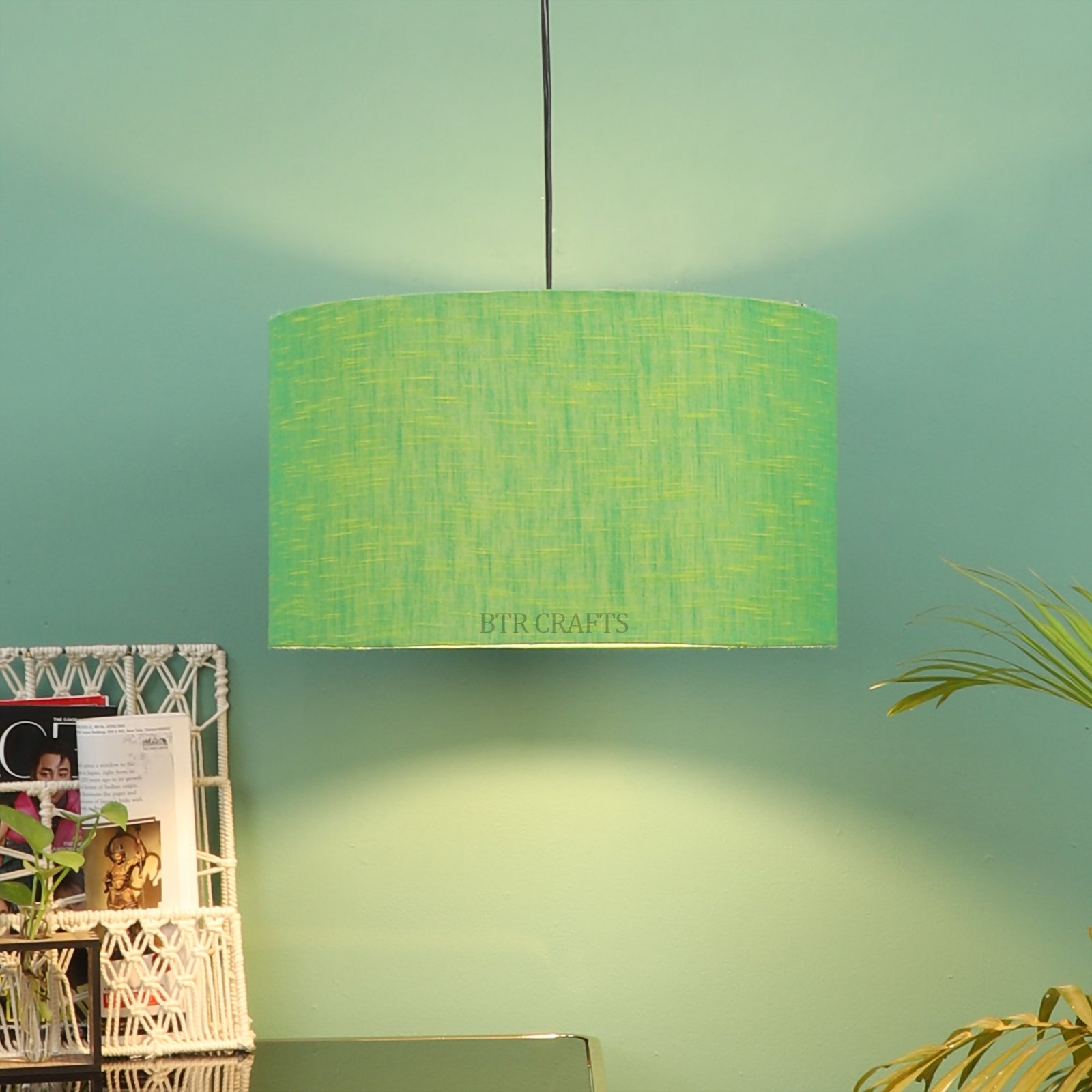 20 Inches Pendant/Hanging Ceiling Light Fixture, Green Texture Drum Shade for Bedroom, Kitchen, Living Room, Dining Table, Lobby, Kitchen, Black Canopy - Image 2
