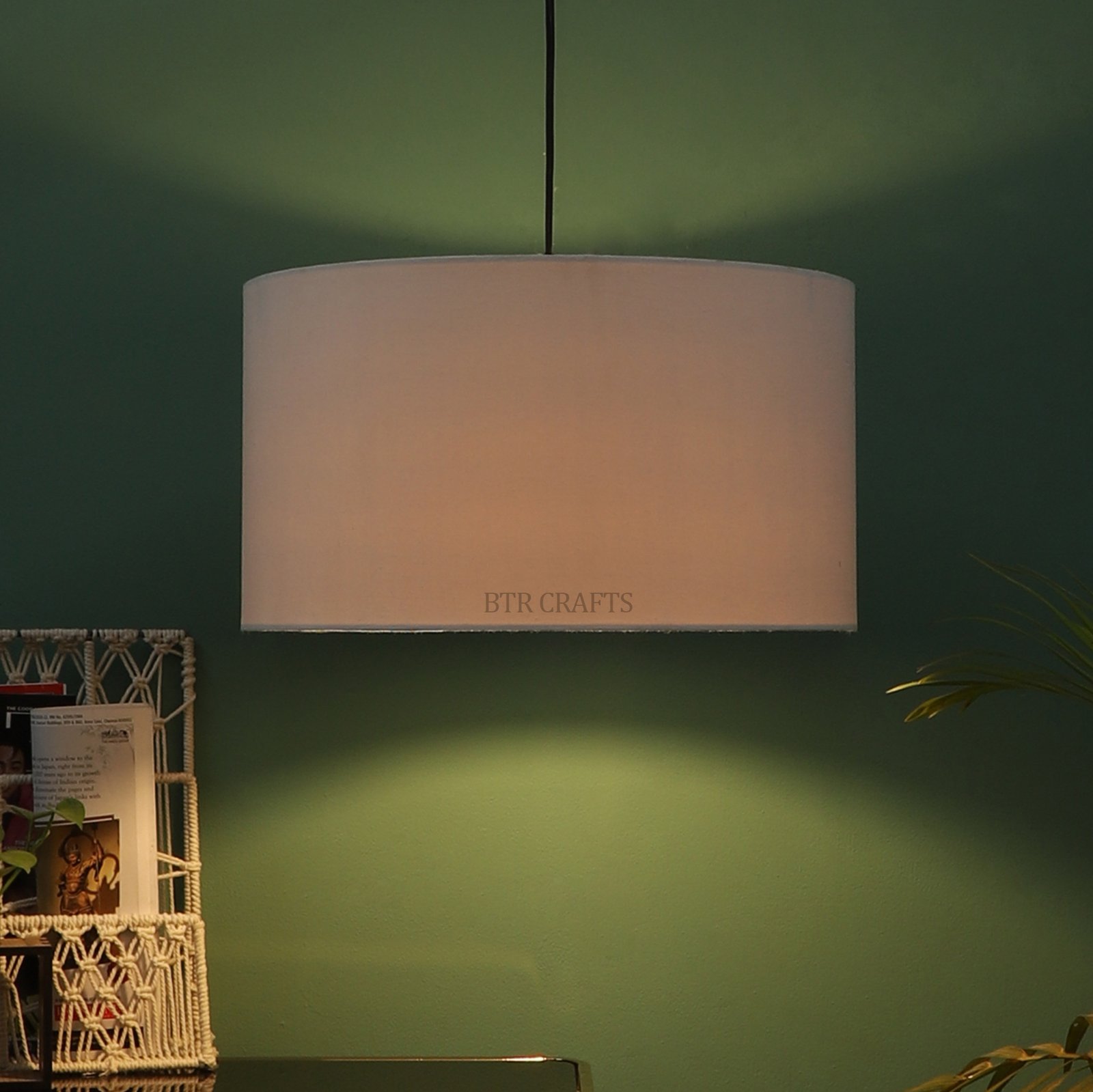 16 Inches Pendant/Hanging Ceiling Light Fixture, White Drum Shade for Bedroom, Kitchen, Living Room, Dining Table, Lobby, Kitchen, Black Canopy