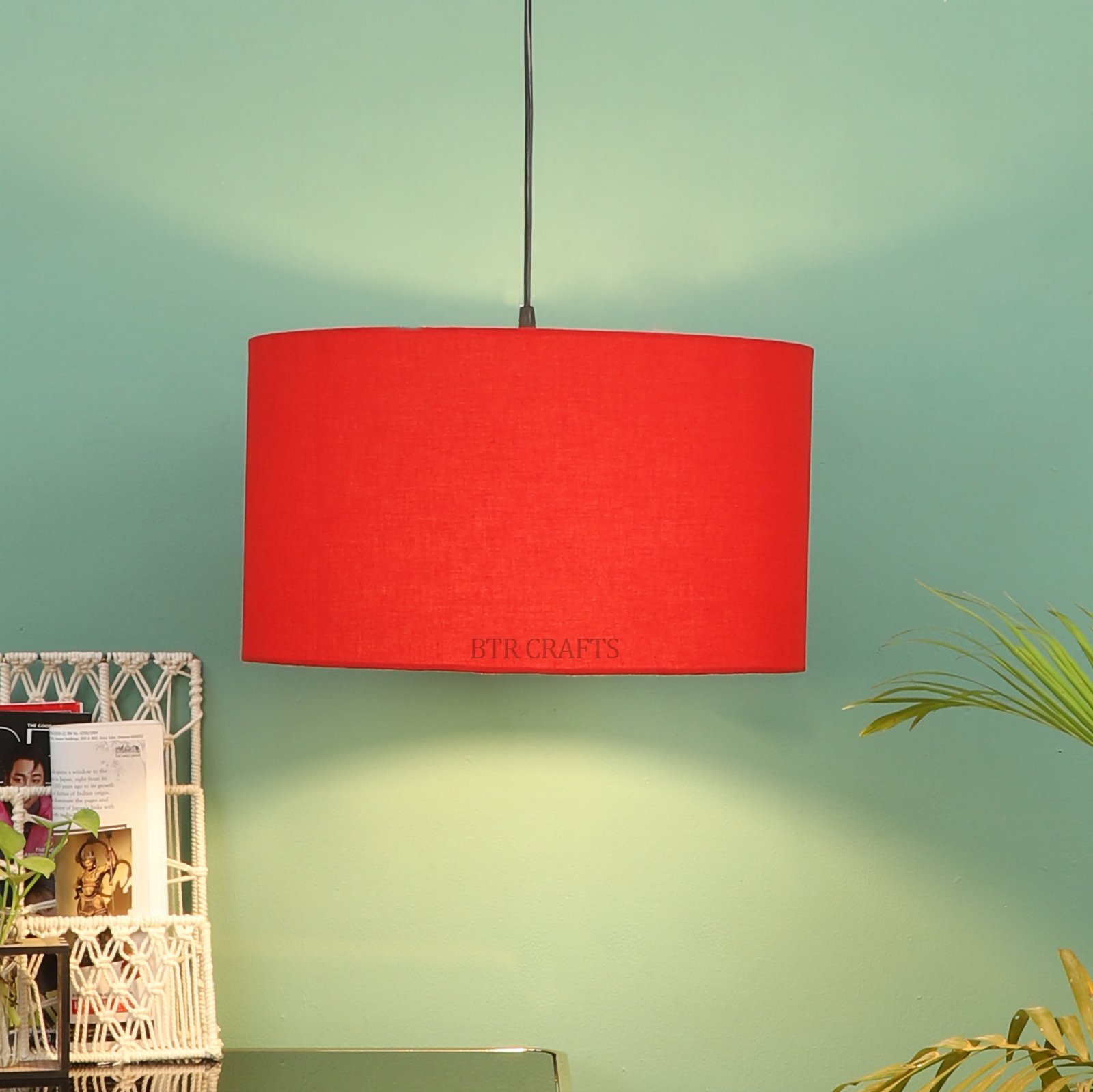 18 Inches Pendant/Hanging Ceiling Light Fixture, Red Drum Shade for Bedroom, Kitchen, Living Room, Dining Table, Lobby, Kitchen, Black Canopy - Image 2