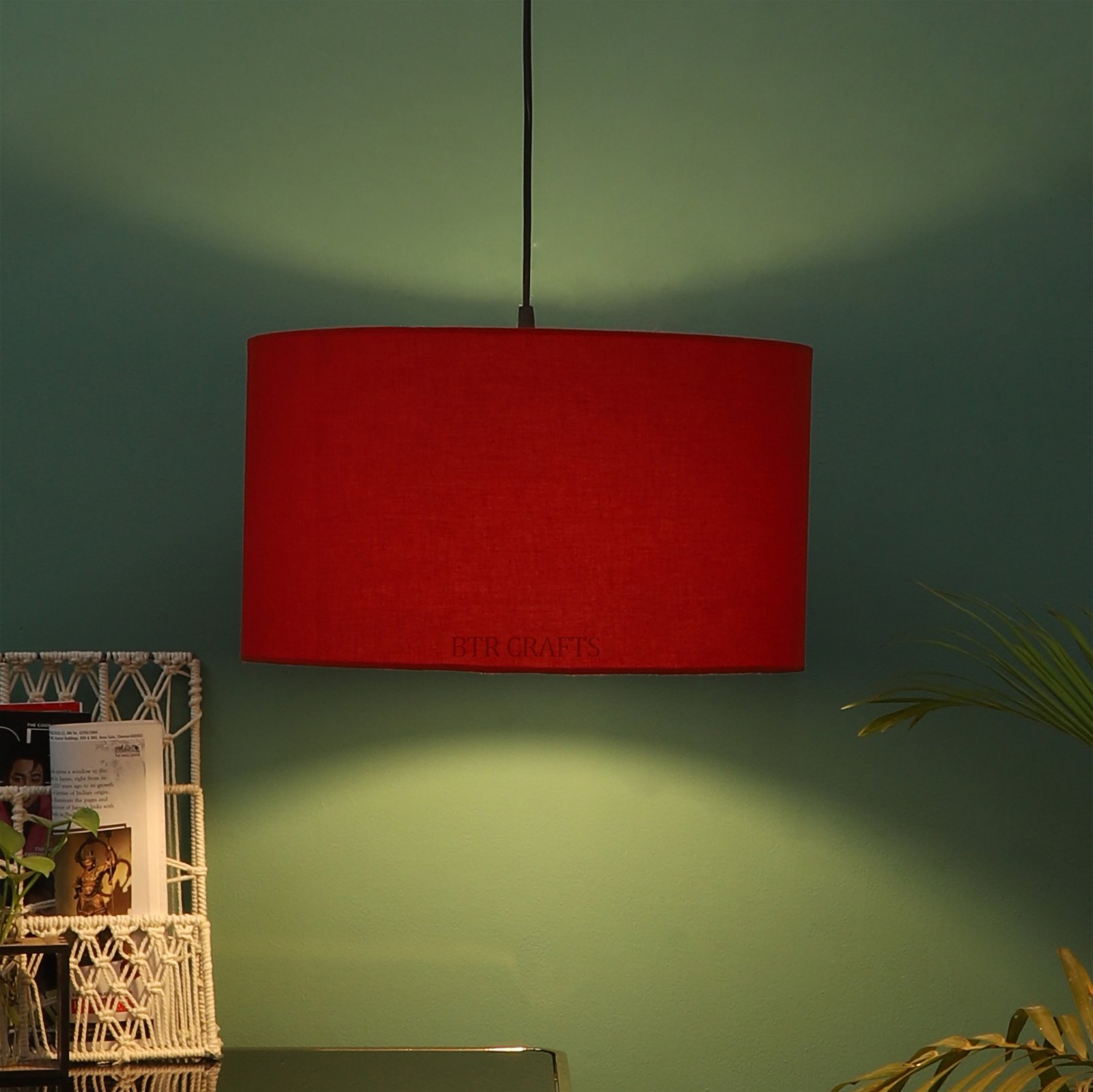 18 Inches Pendant/Hanging Ceiling Light Fixture, Red Drum Shade for Bedroom, Kitchen, Living Room, Dining Table, Lobby, Kitchen, Black Canopy