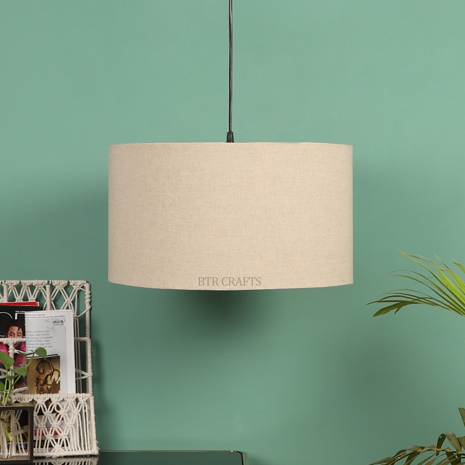 20 Inches Pendant/Hanging Ceiling Light Fixture, Beige Drum Shade for Bedroom, Kitchen, Living Room, Dining Table, Lobby, Kitchen, Black Canopy - Image 3
