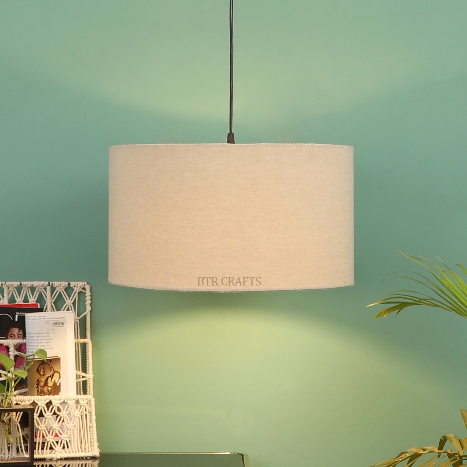 20 Inches Pendant/Hanging Ceiling Light Fixture, Beige Drum Shade for Bedroom, Kitchen, Living Room, Dining Table, Lobby, Kitchen, Black Canopy - Image 2