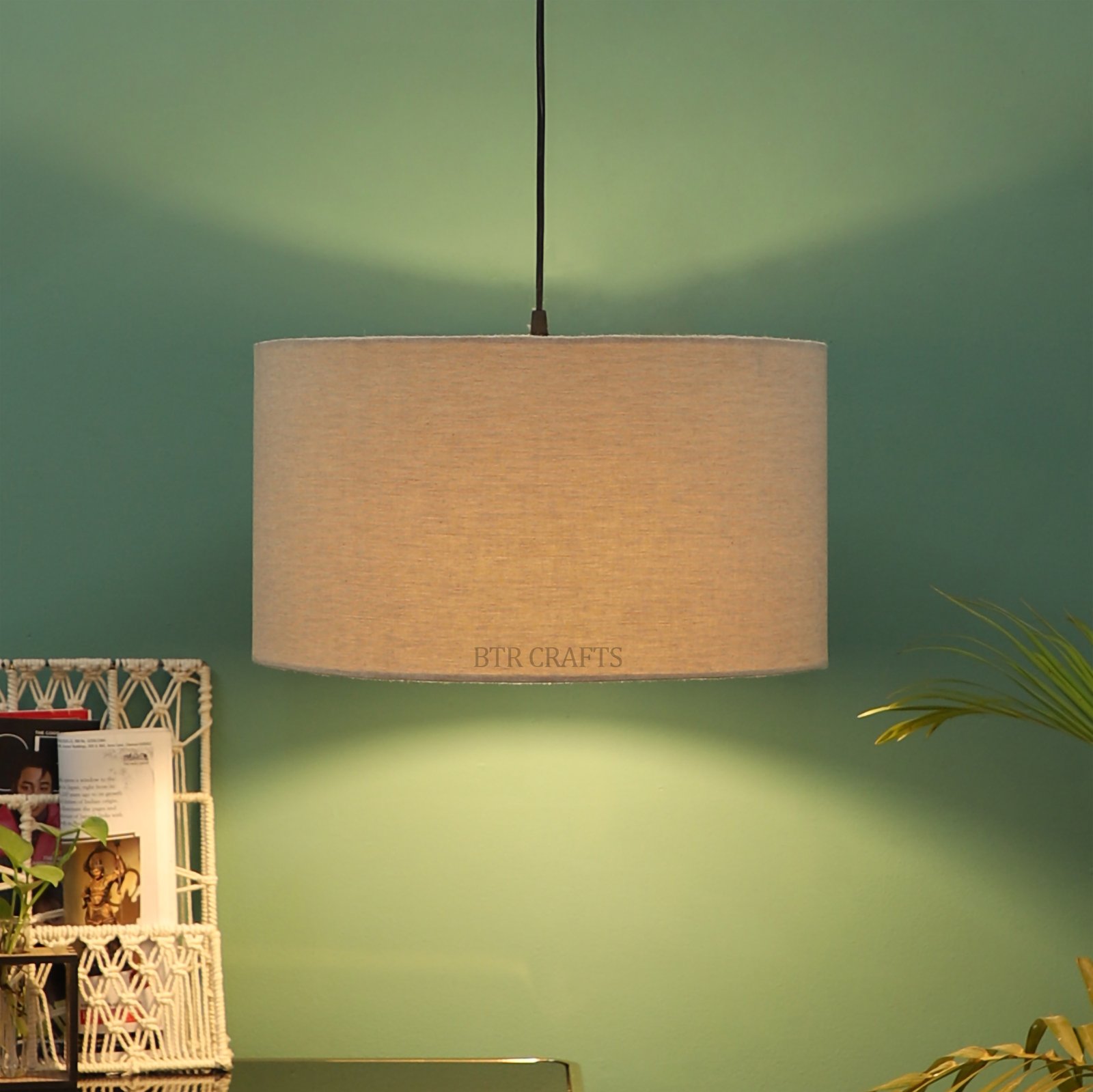 20 Inches Pendant/Hanging Ceiling Light Fixture, Beige Drum Shade for Bedroom, Kitchen, Living Room, Dining Table, Lobby, Kitchen, Black Canopy