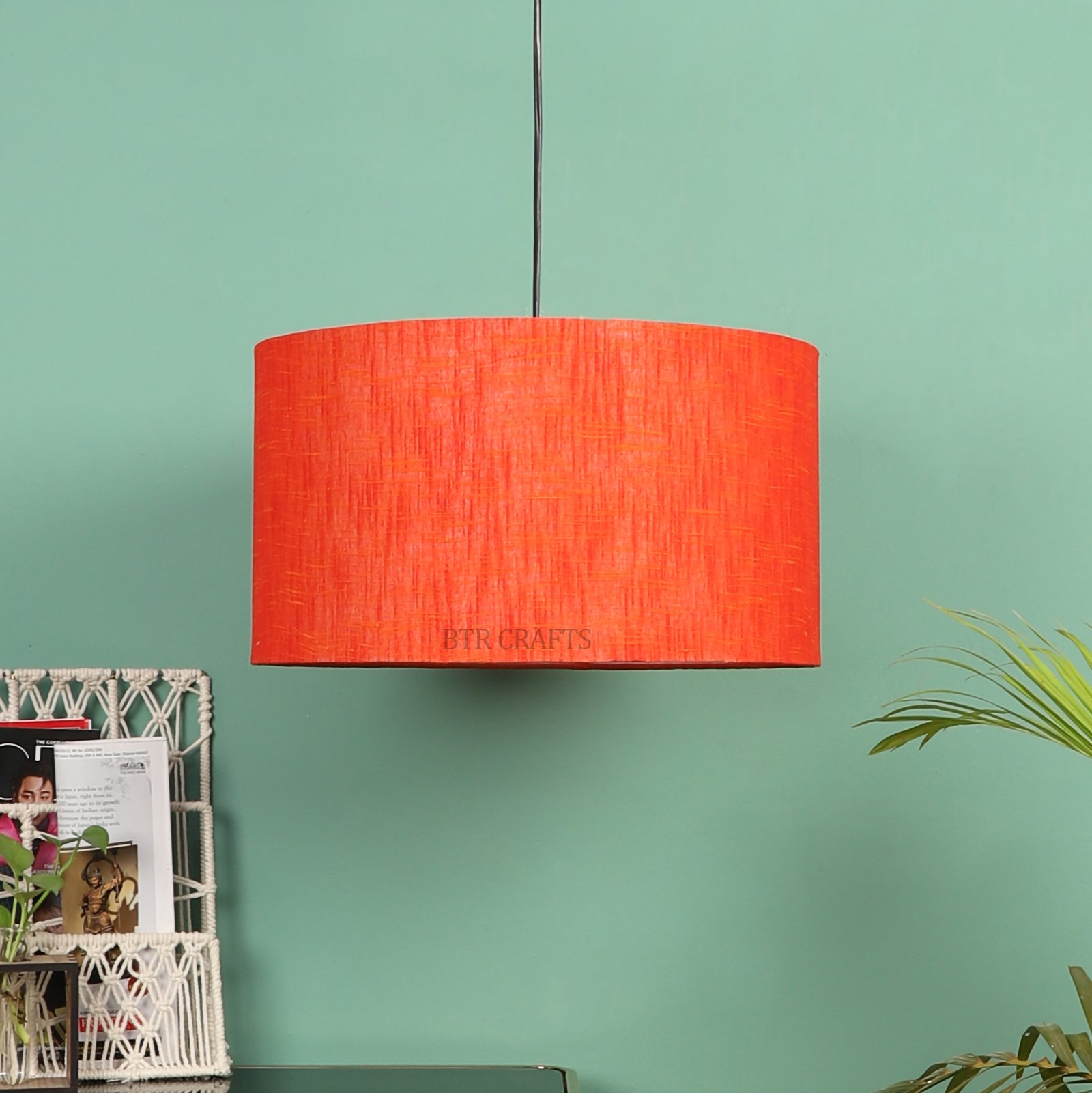 20 Inches Pendant/Hanging Ceiling Light Fixture, Red Texture Drum Shade for Bedroom, Kitchen, Living Room, Dining Table, Lobby, Kitchen, Black Canopy - Image 3