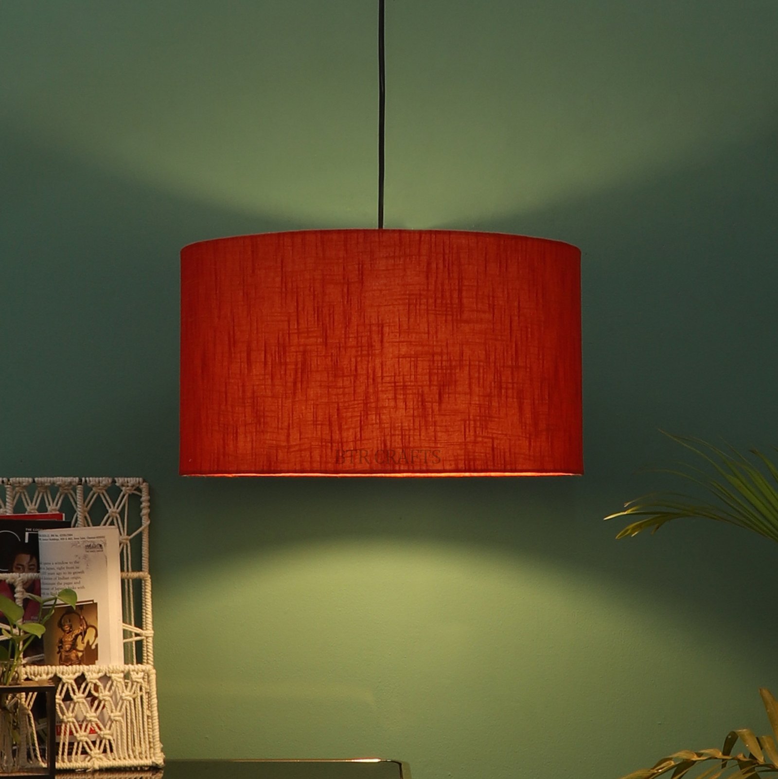 18 Inches Pendant/Hanging Ceiling Light Fixture, Red Texture Drum Shade for Bedroom, Kitchen, Living Room, Dining Table, Lobby, Kitchen, Black Canopy